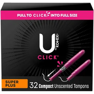 U by Kotex Click Compact Tampons Super Plus, 32 ct â€“ 100% Leak-Free Protection for Ultimate Comfort