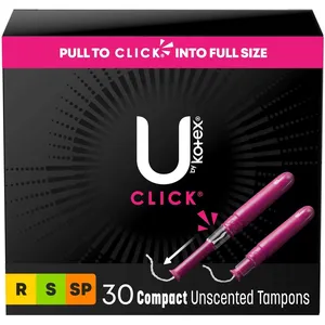 U by Kotex Click Compact Tampons, Regular/Super/Super Plus, Unscented, 100% Leak-Free Protection