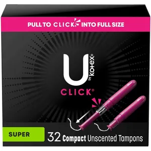 U by Kotex Click Compact Tampons, Super, 32 ct - 100% Leak-Free Protection for Confident Days
