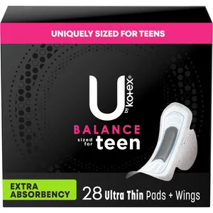 U by Kotex Teen Ultra Thin Feminine Pads with Wings, Extra Absorbency, 28 ct - 100% Leak-Free Protection