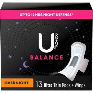 U by Kotex Ultra Thin Overnight Pads with Wings - 12 Hour Protection, Odour Control, 13 Count