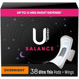 U by Kotex Ultra Thin Overnight Pads with Wings - 38 Count, Odour Control, 12 Hours Leak-Free Protection