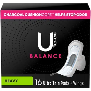 U by Kotex Ultra Thin Pads with Wings, Heavy Absorbency, 16 Count, Odour-Controlling Charcoal