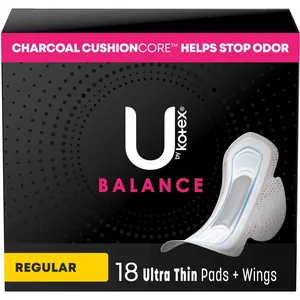 U by Kotex Ultra Thin Pads with Wings, Regular Absorbency, Odour Control, 18 Count
