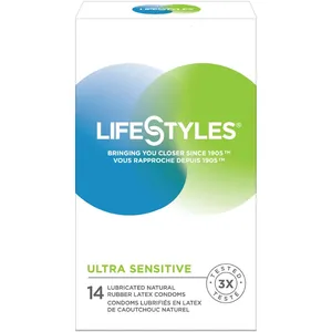Ultra Sensitive 14 Lubricated Latex Condoms - Ultimate Sensitivity, Natural Feel, Comfort Shape, 53mm Width