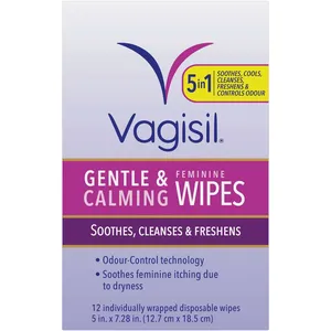 Vagisil Gentle & Calming Feminine Wipes - 12 Individually Wrapped Flushable Wipes for Instant Relief