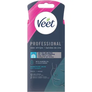 Veet Professional Wax Strips for Face, Sensitive Skin with Almond Oil - 28 Days Smoothness