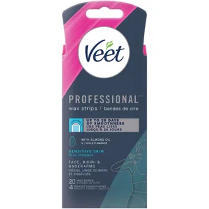 Veet Professional Wax Strips for Sensitive Skin - Face, Bikini & Underarm with Almond Oil