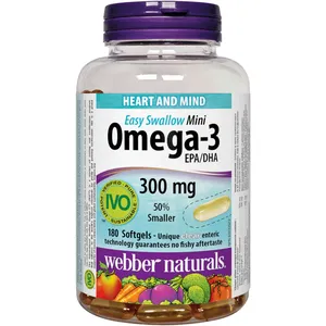 Webber Omega-3 Mini Easy Swallow Softgels 300mg EPA/DHA for Heart & Brain Health, No Fishy Aftertaste