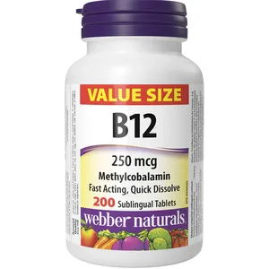Webber Vitamin B12 Methylcobalamin 250 mcg Sublingual Cherry Tablets, Supports Energy & Immune Health